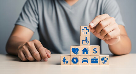 Insurance planning concept Man building a tower of wooden blocks representing life health home auto and financial