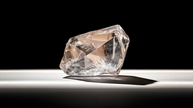 A clear crystal stands upright on a rough oblong rock, illuminated by sunlight filtering through a window, creating soft shadows in a tranquil environment - Powered by Adobe