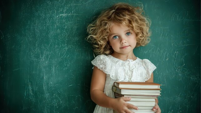 Back to school. Girl holding a stack of books against a blackboard.