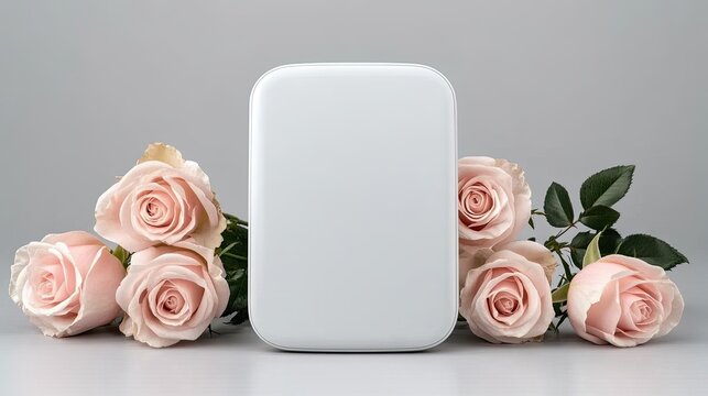 A flat lay composition featuring a blank white sheet surrounded by elegant pink roses, illuminated by soft light that highlights the natural textures and gentle colors in the scene - Powered by Adobe