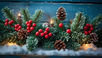 Festive christmas garland with pine cones and red berries on a wooden background
