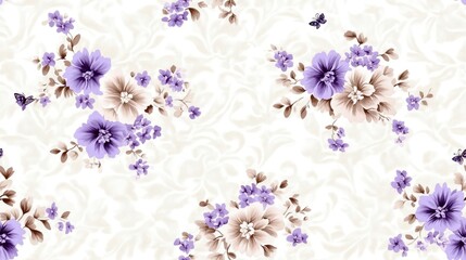 Vibrant blue and purple flowers on flowering branches, accompanied by butterflies, all set against a textured light beige wallpaper with pink floral patterns SEAMLESS PATTERN