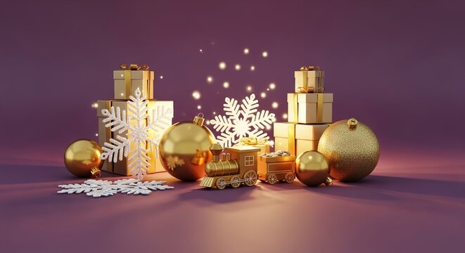 Luxurious golden Christmas decorations with gift boxes, baubles, snowflakes, and a train on a festive purple background with sparkling lights.