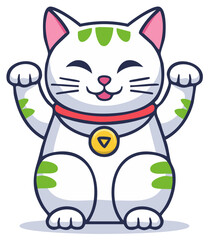 Lucky Cat Waving With Green Accents And Gold Pendant