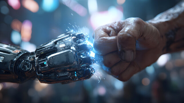 Futuristic human and robot interaction in a metallic cybernetic world