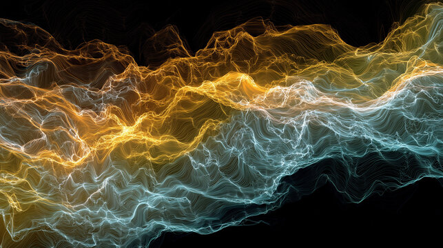 Wavy abstract generative art displaying golden hues transitioning to light blue shades