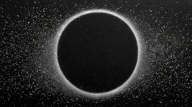 Abstract celestial eclipse on dark background with glittering particles.