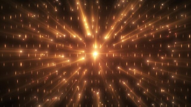 Abstract cosmic explosion of golden light streaks and particles radiating from a bright center creating a futuristic cosmic energy background. Seamless looped 4k video.