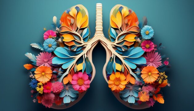 lungs represented with vibrant flowers symbolizing the beauty and vitality of breathing and life in vivid colors