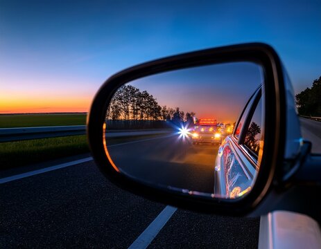 a police car with flashing lights reflected in a vehicle s rearview mirror during dusk