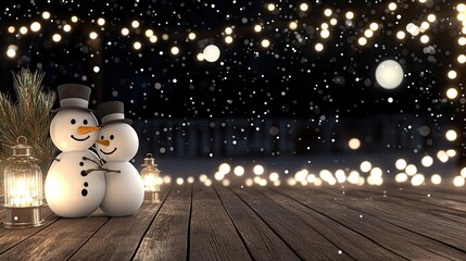 Two cheerful snowmen embrace each other warmly in a snowy landscape, adorned with bright holiday accessories, while gentle snowflakes descend around them