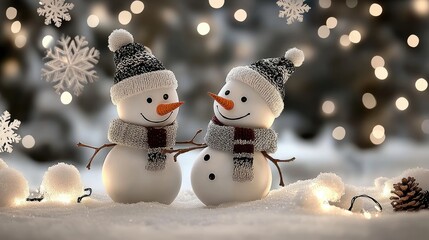 Two cheerful snowmen embrace each other warmly in a snowy landscape, adorned with bright holiday accessories, while gentle snowflakes descend around them