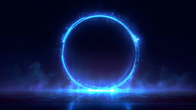 Futuristic glowing digital circle frame with neon lights for technology design - Powered by Adobe