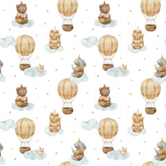 Pattern bear, rabbit, fox, hot air balloon in blue clouds. Hand-drawn watercolor illustration in vintage children's style. Seamless print isolated from background for fabrics, baby clothing, wallpaper