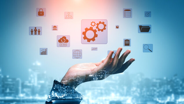 A concept of business operations and enterprise system integration. The components of a company including security, data, and cloud infrastructure. Motif