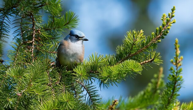 small bird perched on a branch among cedar tree foliage in washington state usa