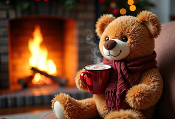 Plush bear drinking hot cocoa by fireplace, cozy humorous tone.