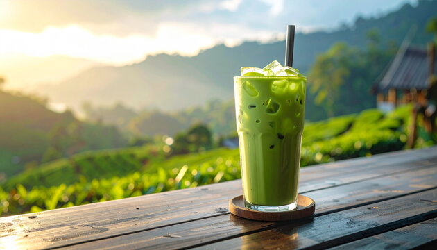 Refreshing Iced Matcha Latte Drink