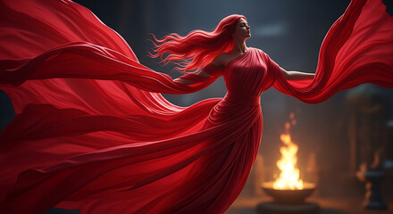 Ethereal woman in flowing red gown dancing with firelight, embodying grace and strength, perfect for fantasy art, dramatic fashion, or powerful feminine themes