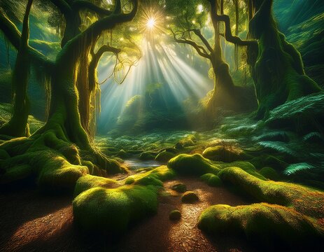 sunlight filtering through a mossy forest