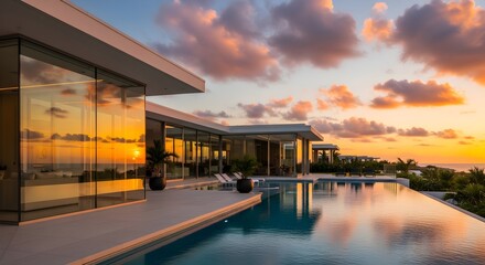 Obraz premium Luxury Modern Villa at Sunset: Glass Architecture, Infinity Pool, and Tropical Ocean View