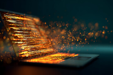 Futuristic technology concept with laptop emitting digital stream for innovation and design
