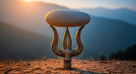 Sunrise illuminates trident balancing stone on cracked earth, creating a spiritual balance and serene atmosphere in nature, invoking peace and mindfulness for wellness retreats
