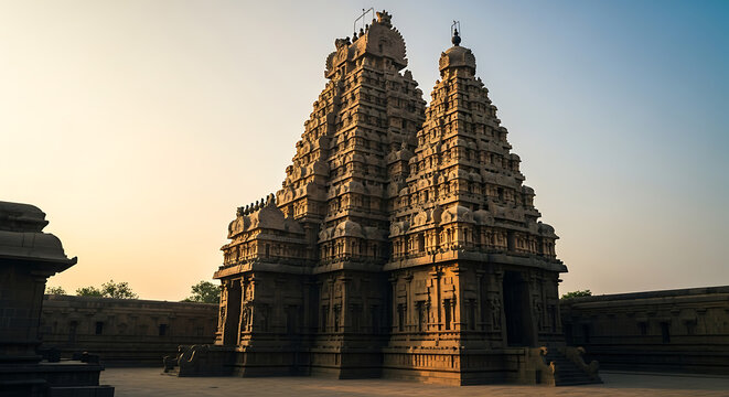Explore the ancient grandeur of Brihadeeswarar Temple Thanjavur India a testament to rich cultural heritage and architectural excellence at sunrise, inviting discovery and wonder