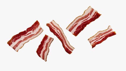 Strips of raw bacon on a white background show a vivid contrast between red meat and white fat. Perfect for cooking illustrations and recipes.