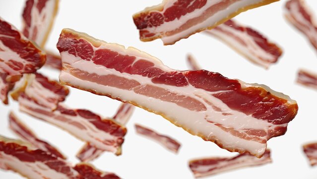 Strips of raw bacon on a white background show a vivid contrast between red meat and white fat. Perfect for cooking illustrations and recipes.