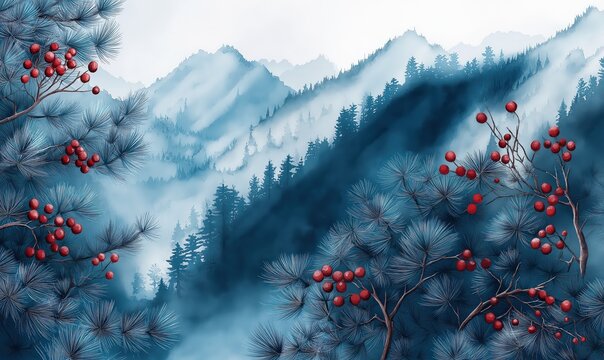 View of mountains and fir trees in the fog, branches with red berries in the foreground