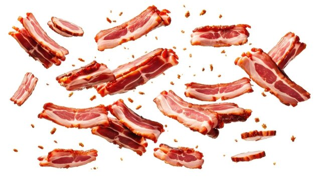 Strips of raw bacon on a white background show a vivid contrast between red meat and white fat. Perfect for cooking illustrations and recipes. - Powered by Adobe