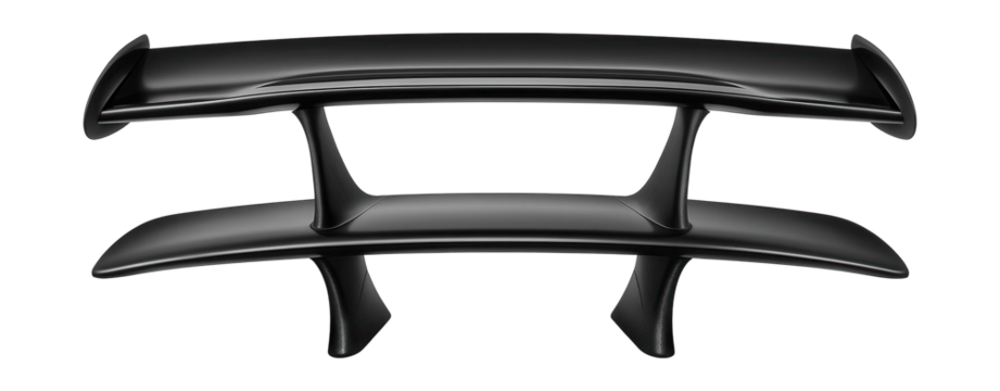 Dual-layer rear wing featuring central support struts and streamlined design.