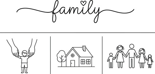 Simple family illustration with house stick figures and heart symbol