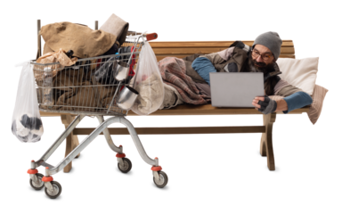 Homeless Man lying on Bench Using laptop on White Background