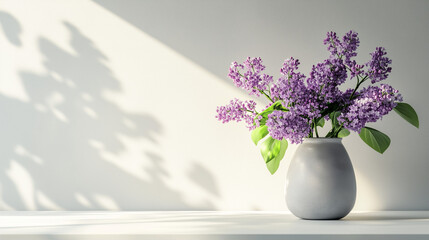 Fototapeta premium Lilac Bouquet in Vase on White Background with Sunlight - Spring Flowers, Floral Still Life, Minimalist Decor