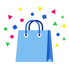 Blue shopping bag with vibrant celebration confetti icon design