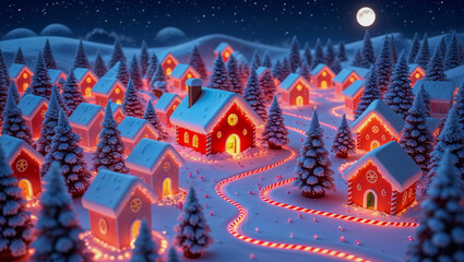 AI-generated image of a winter wonderland of Christmas spirits, where gingerbread houses and a river come to life