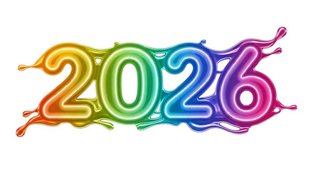 Vibrant liquid 2026 text with rainbow gradient paint splatters