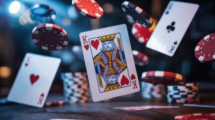 King of Hearts and Clubs playing cards with red and black poker chips falling gambling