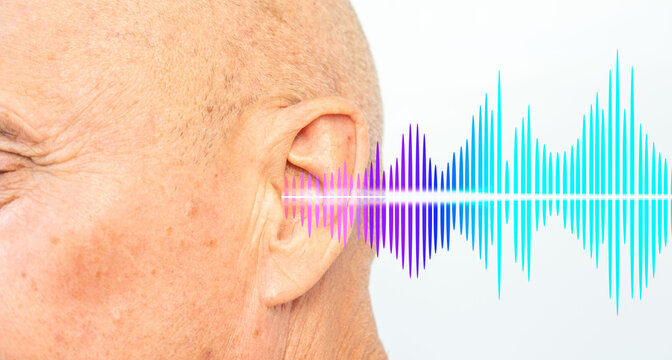 man aging ear closeup listening, sound wave, acoustics Auditory System, Hearing Test, Cochlear implant, Assistive listening device, use hearing aids, primary sensory organ receiving information