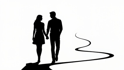 Black silhouettes of a couple walking hand in hand