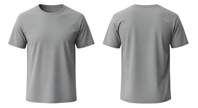 Front and back view of a blank grey tshirt, perfect for design mockups, isolated on transparent background