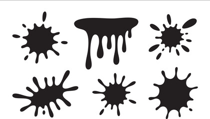 Six black ink splatters with varied drip and splash patterns are presented on a white background