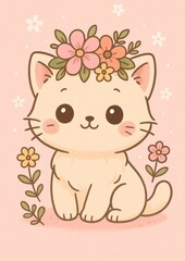 Fototapeta premium Adorable floral cat illustration