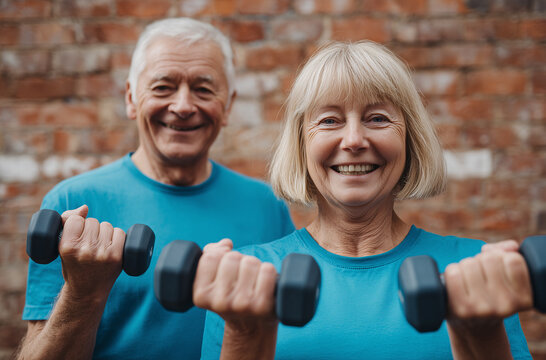 Dos adultos mayores sonrientes con mancuernas azules frente a una pared de ladrillos; ejercicio ligero, ropa informal.