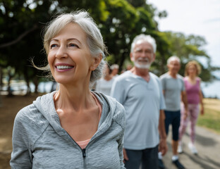 El envejecimiento activo prospera a través del movimiento grupal, celebrando la salud, la alegría y la conexión en la naturaleza urbana. Cuatro adultos mayores estiran una pierna sonriendo