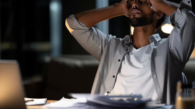 A man is sitting at a desk with a laptop and a stack of papers. He is looking at the papers and he is deep in thought