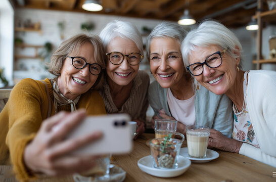 La amistad madura florece en la risa compartida, donde el tiempo se transforma en compa&ntilde;&iacute;a. Grupo de adultos mayores sonrientes tomando caf&eacute;; uno se toma una selfi en un interior c&aacute;lido y acogedor.