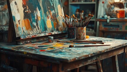 Artist's Studio Table with Easel, Abstract Painting, and Paint Brushes